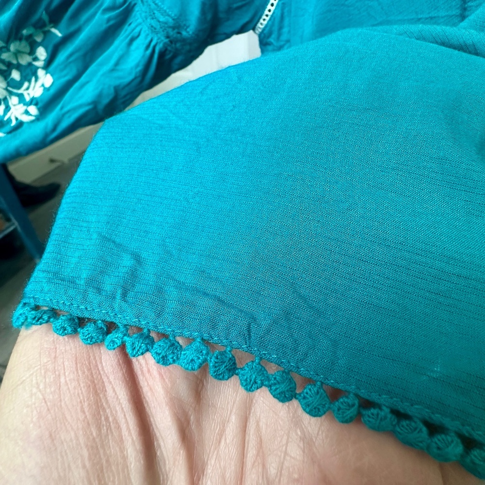 SUNDANCE Naomi Isles Modal Turquoise and Cream Long Sleeved Embroidered XL Tunic - Picture 9 of 13